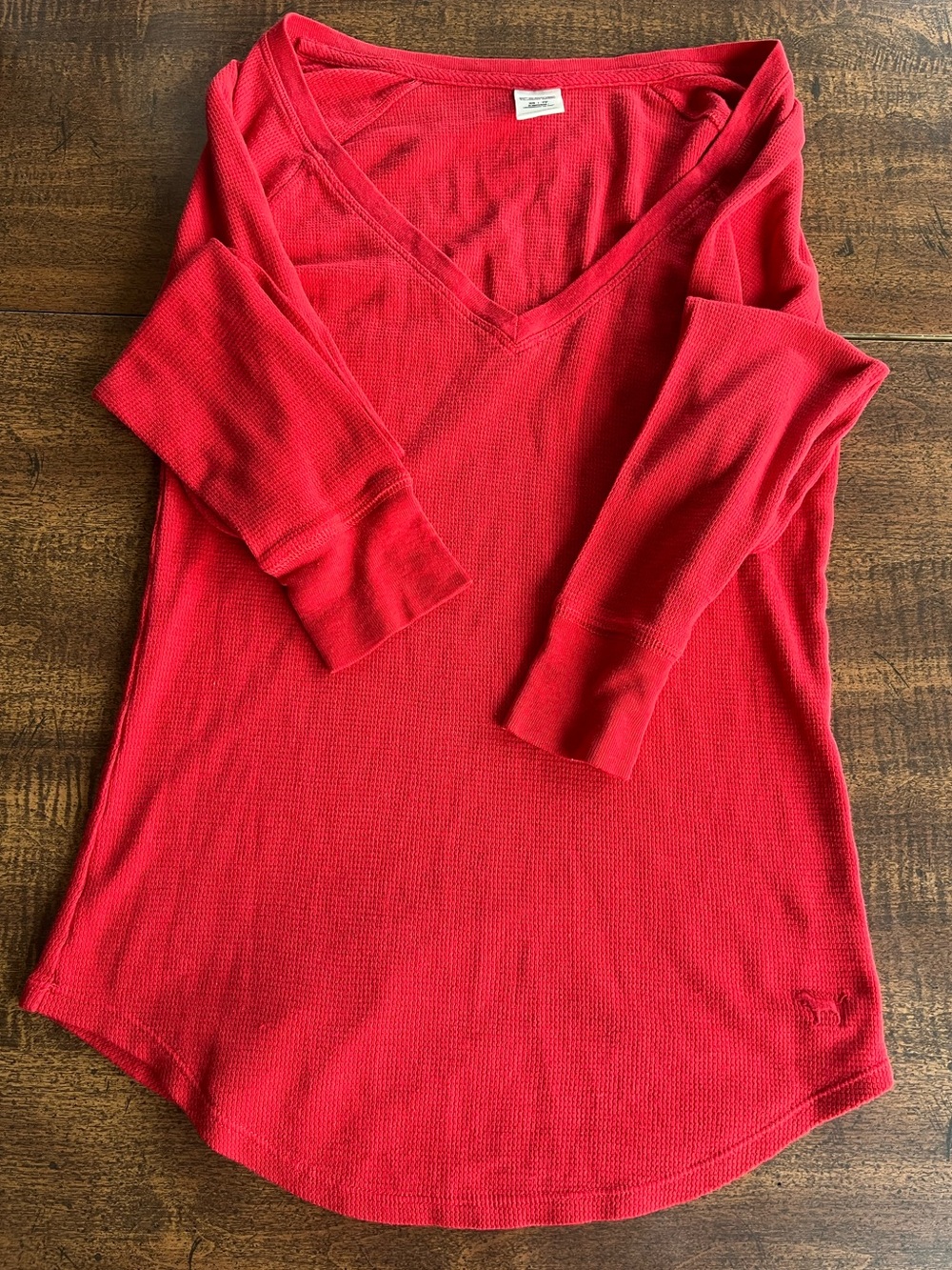 Y2K Victoria’s Secret PINK Thermal V Neck Top Red Waffle Knit XS Long Sleeve